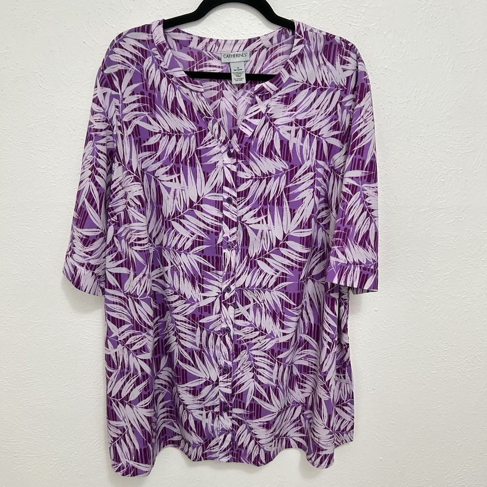 Catherine's Purple White Floral Palm Tree Print Button Down Top 1X Casual Mature